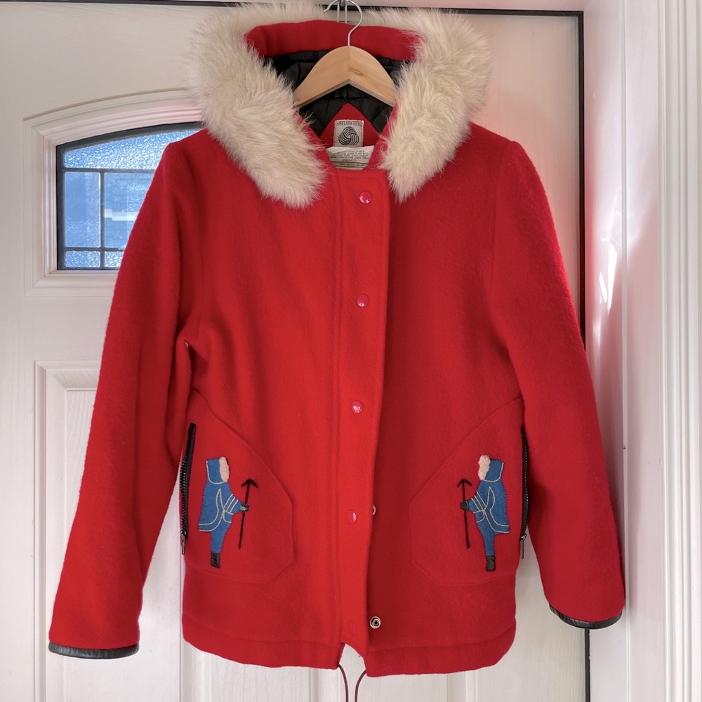 Red James Bay Preowned Wool Parka with Inuit Pocket Details
